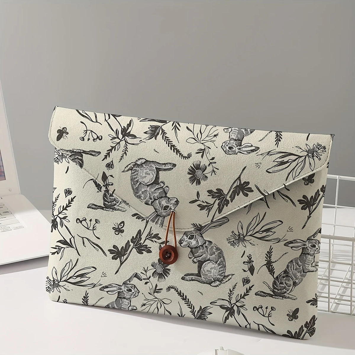 Housse ordinateur 13 pouces enveloppe, imprimé lapins sur fond crème