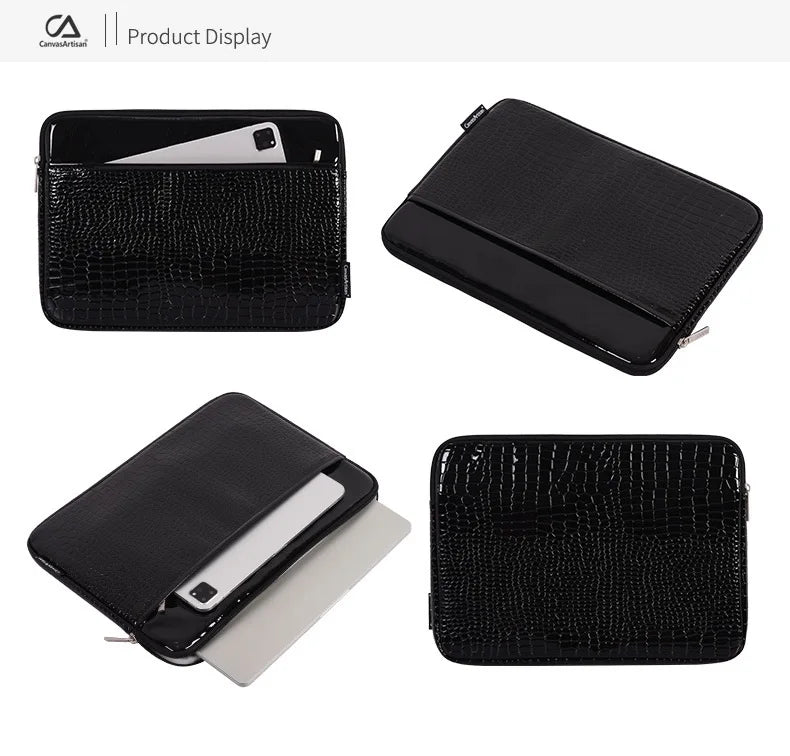Pochette ordinateur effet croco verni, poche avant pour tablette