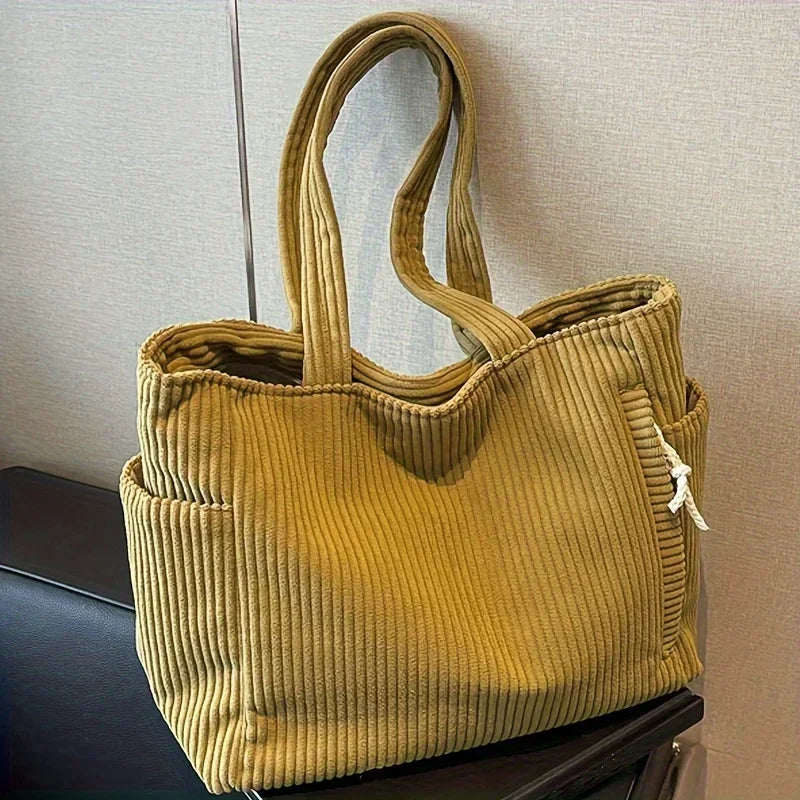 Sac ordinateur cabas en velours côtelé, zippé à poches latérales