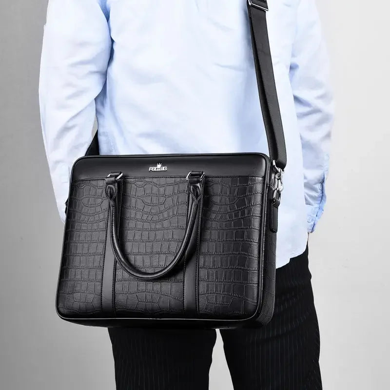 Sacoche ordinateur cuir homme effet croco, 14 pouces, noire