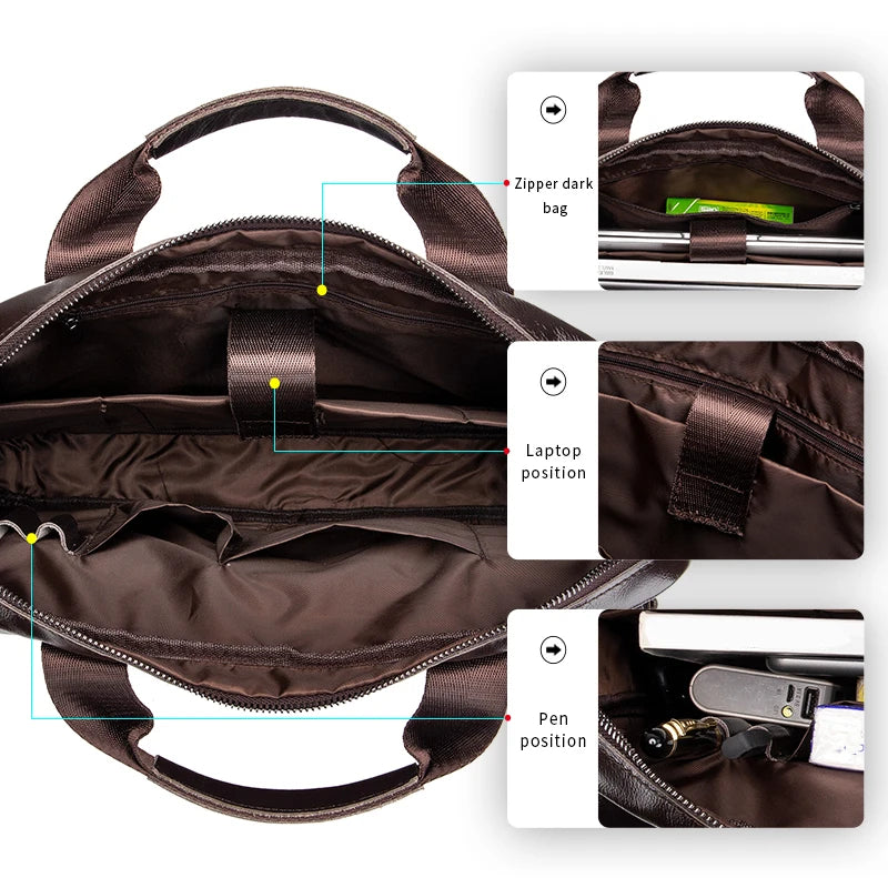Sacoche ordinateur homme en cuir, passant trolley et bandoulière
