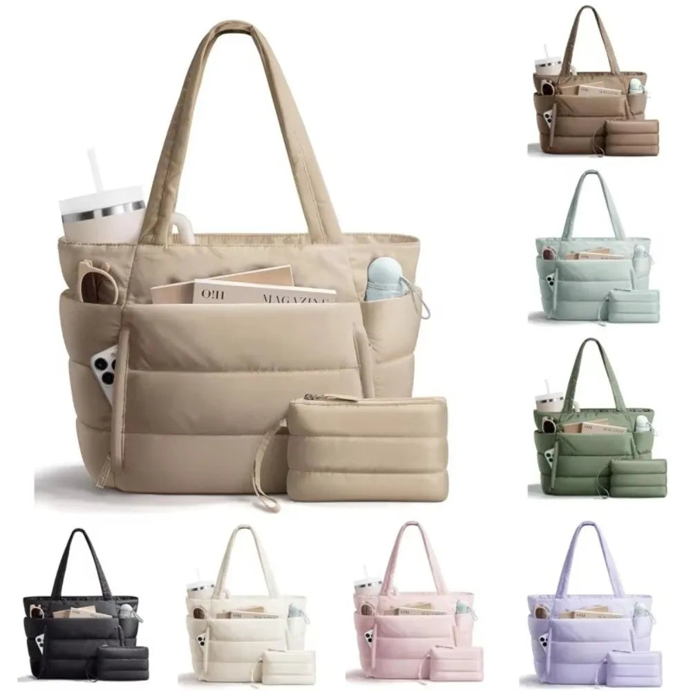 Sac ordinateur femme 15,6 pouces façon doudoune, trousse assortie