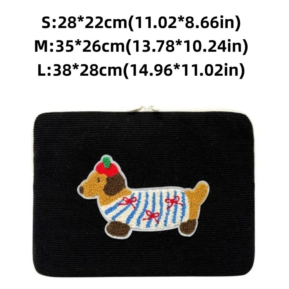 Pochette ordinateur femme en velours côtelé, écusson teckel