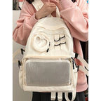 Sac à dos ordinateur femme à poche transparente et pochette cœur