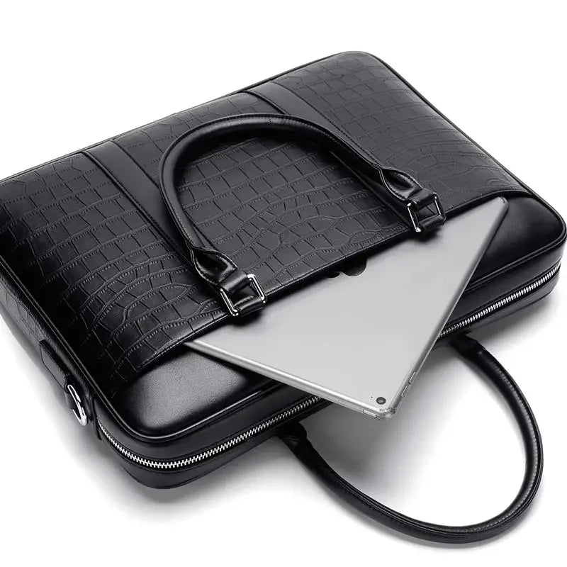Sacoche ordinateur cuir homme 14 pouces, motif crocodile embossé