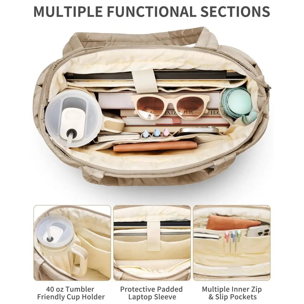 Sac ordinateur femme 15,6 pouces façon doudoune, trousse assortie
