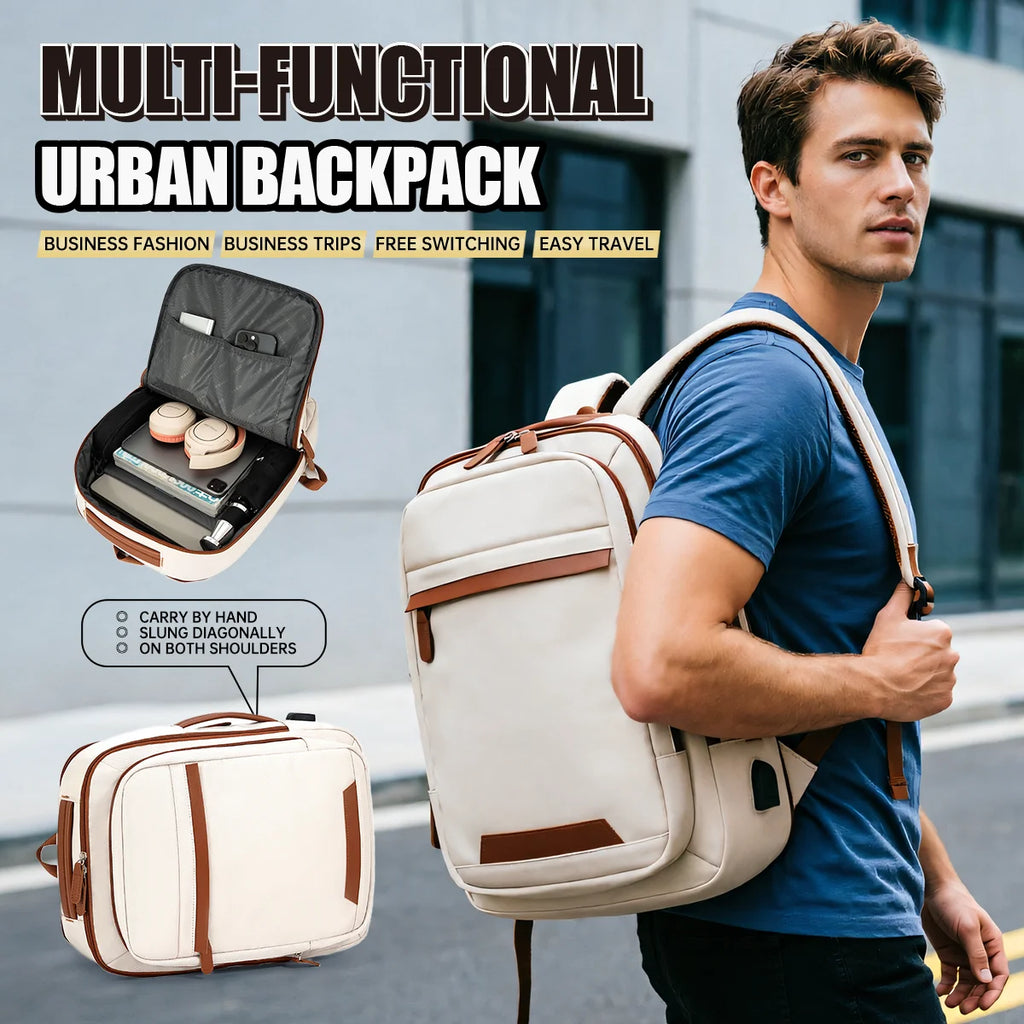 Sac à dos ordinateur USB en nylon à liserés camel, 4 coloris