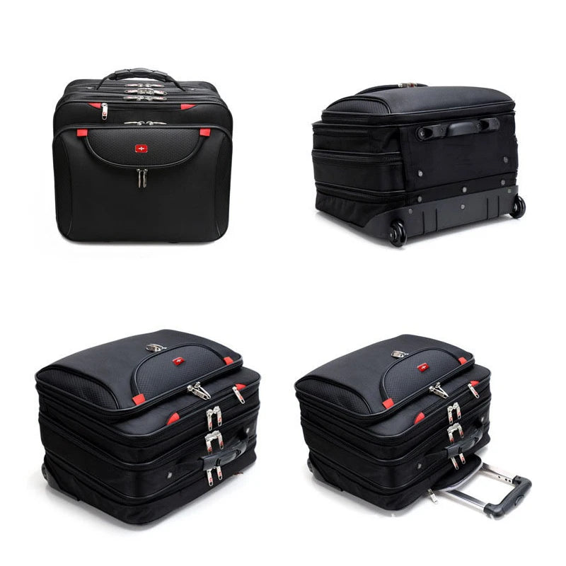 Trolley ordinateur en toile noire à soufflets zippés et sangles