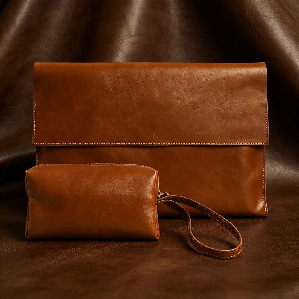Une pochette ordinateur en cuir huilé à rabat