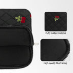 Pochette ordinateur femme matelassée noire, cerises brodées