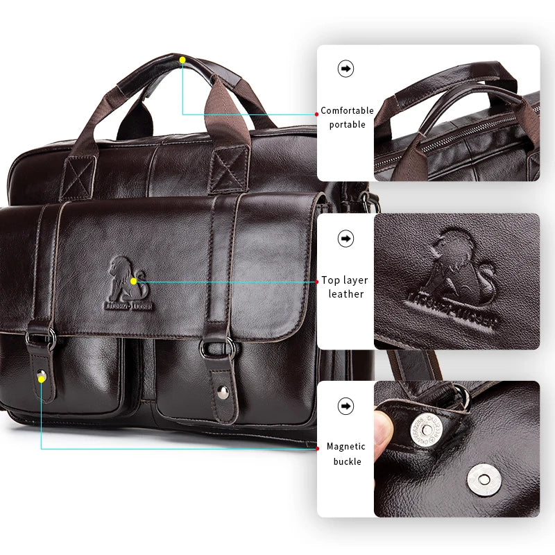 Sacoche ordinateur homme en cuir, passant trolley et bandoulière