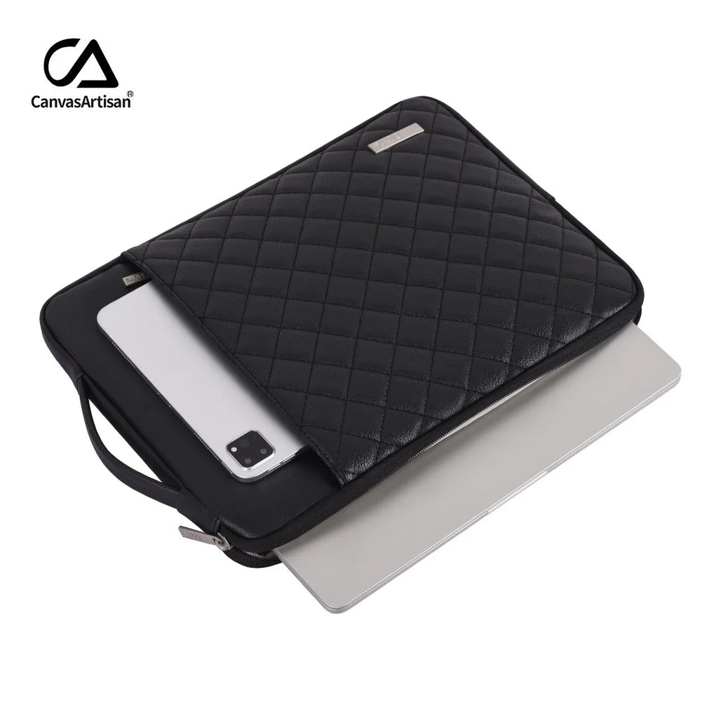 Pochette ordinateur simili cuir matelassé noir, poignée et poche