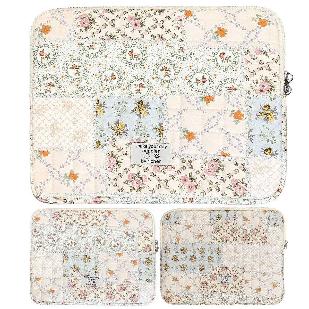 Housse ordinateur matelassée en coton patchwork fleuri, 3 tailles