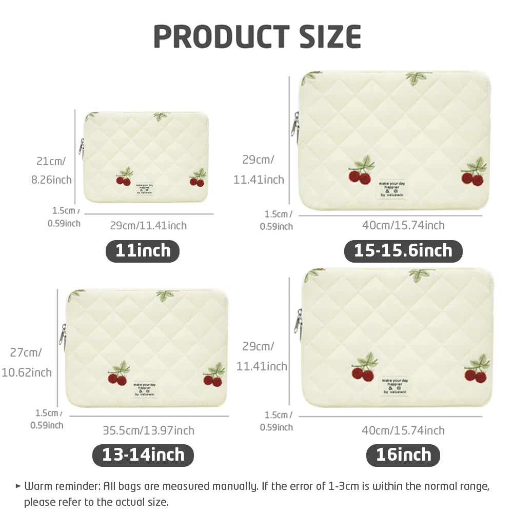 Pochette ordinateur femme matelassée brodée de cerises, 11 à 16 pouces