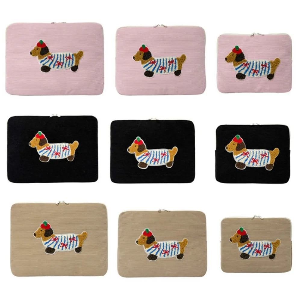 Pochette ordinateur femme en velours côtelé, écusson teckel