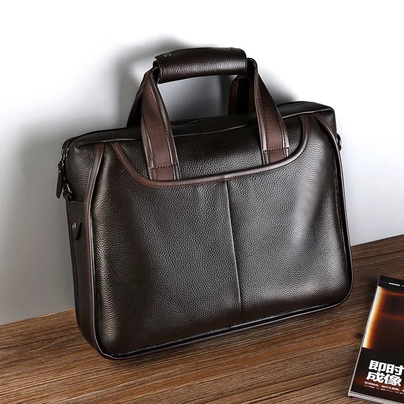 Sacoche ordinateur cuir homme grainé, poignées et bandoulière