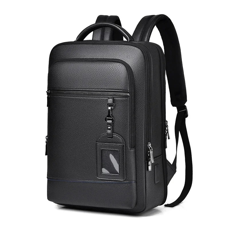 Sac à dos ordinateur homme en simili cuir grainé, trois soufflets