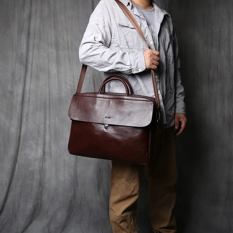 Sacoche ordinateur cuir homme 16 pouces à rabat, double compartiment