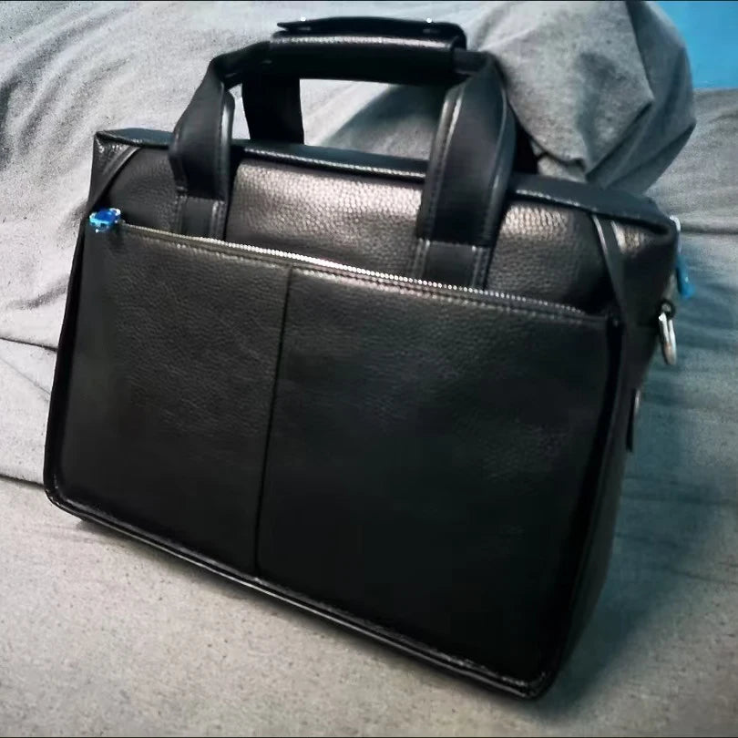 Sacoche ordinateur cuir homme grainé, poignées et bandoulière