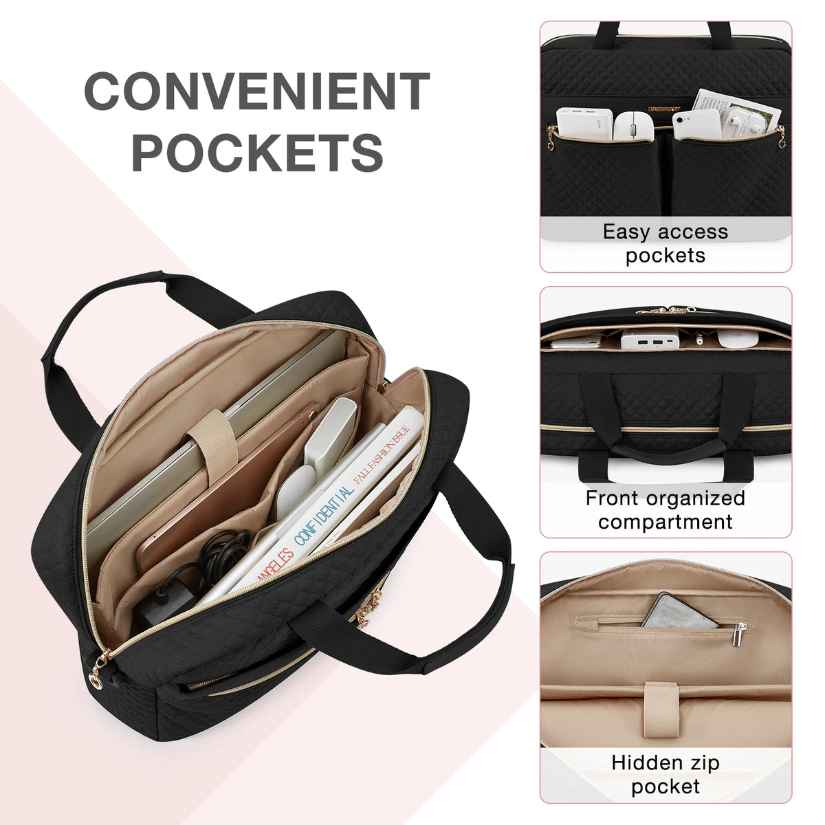Sacoche ordinateur femme matelassée 15,6 ou 17 pouces, zips dorés