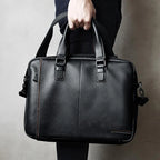Sacoche ordinateur cuir homme noir grainé, poignées et bandoulière