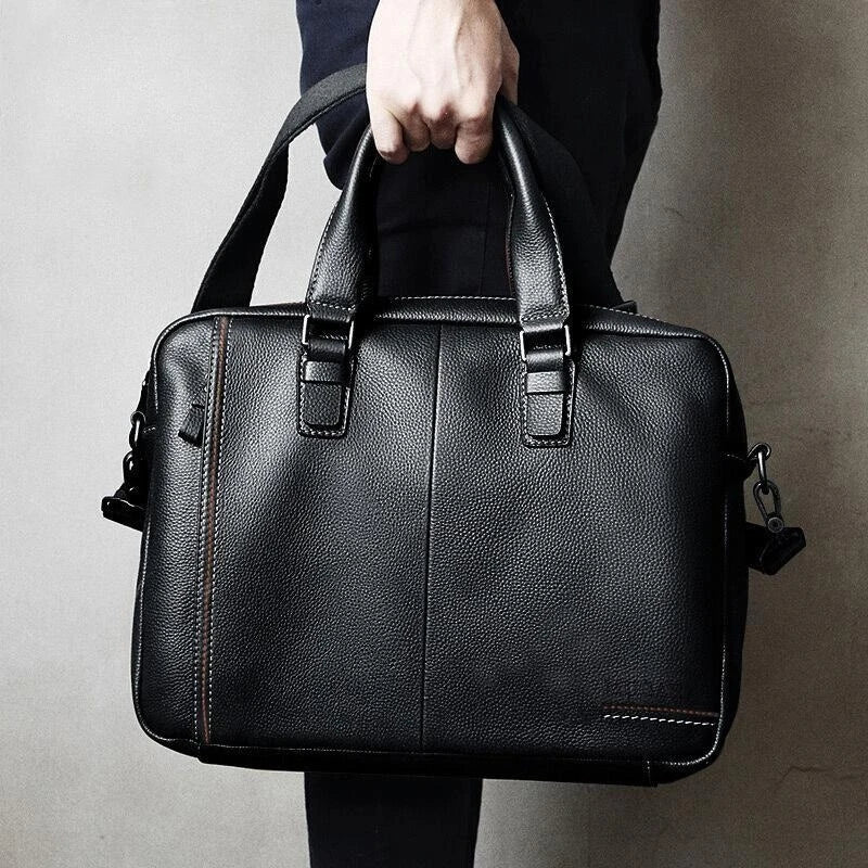 Sacoche ordinateur cuir homme noir grainé, poignées et bandoulière