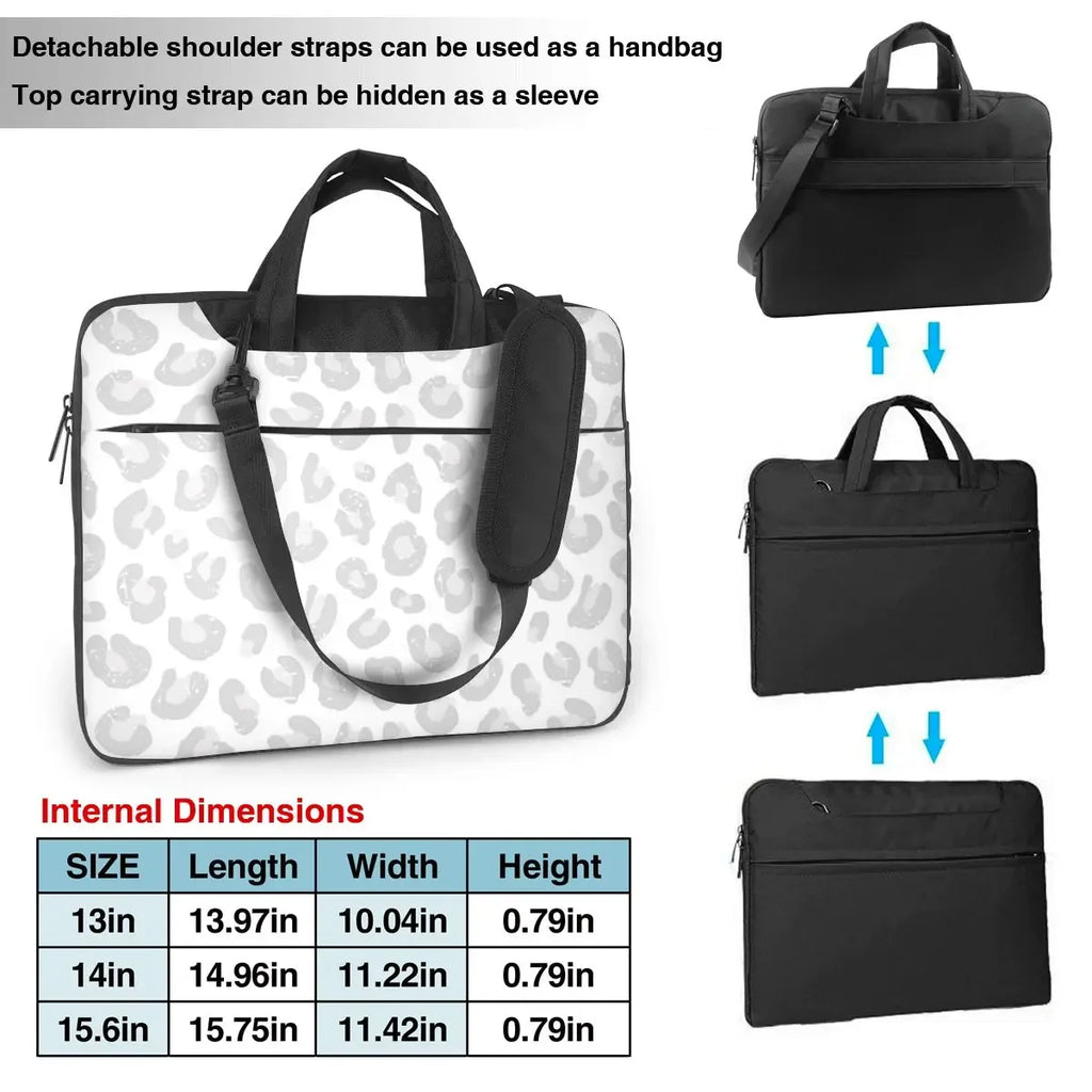 Pochette ordinateur léopard blanc et gris, bandoulière amovible