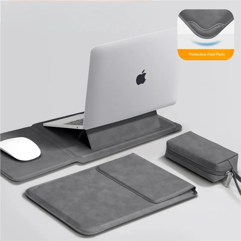 Housse ordinateur ultra-fine qui se plie en support, simili suédé