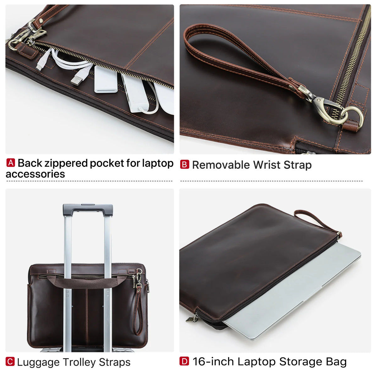Pochette ordinateur cuir 16 pouces zippée, poche arrière et dragonne