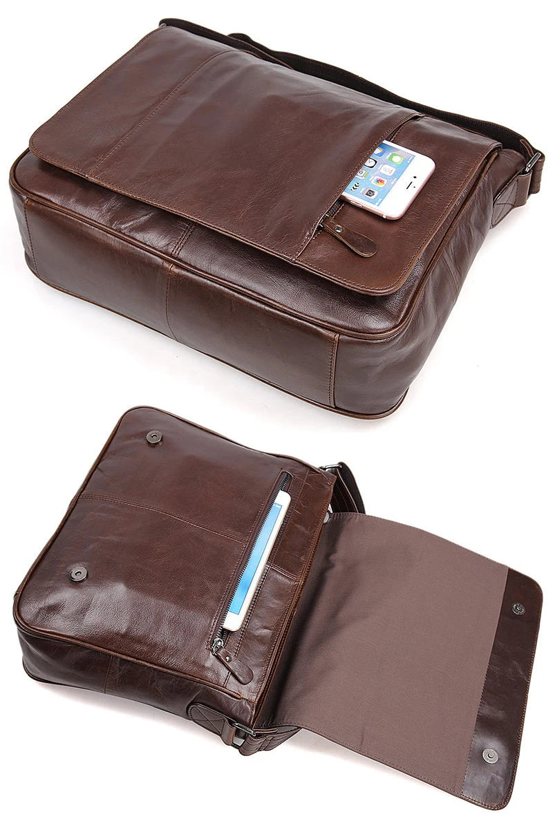 Sac ordinateur cuir homme : besace en cuir véritable ciré à rabat