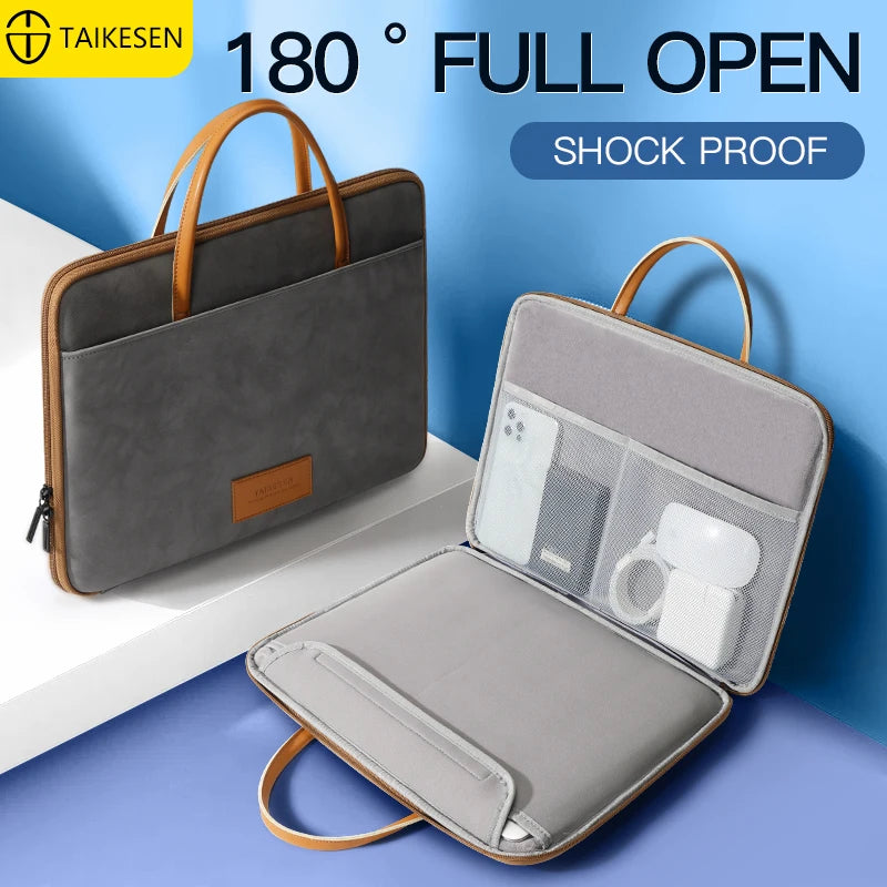 Pochette ordinateur effet suédine à poignées, ouverture à plat
