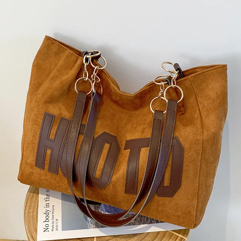 Sac ordinateur femme cabas en simili daim à grandes lettres