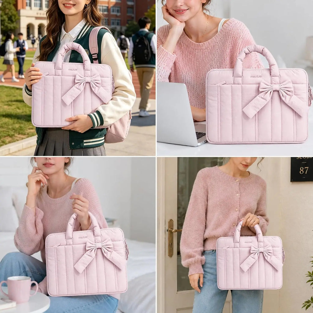 Pochette ordinateur femme matelassée à nœud, poignées et poche
