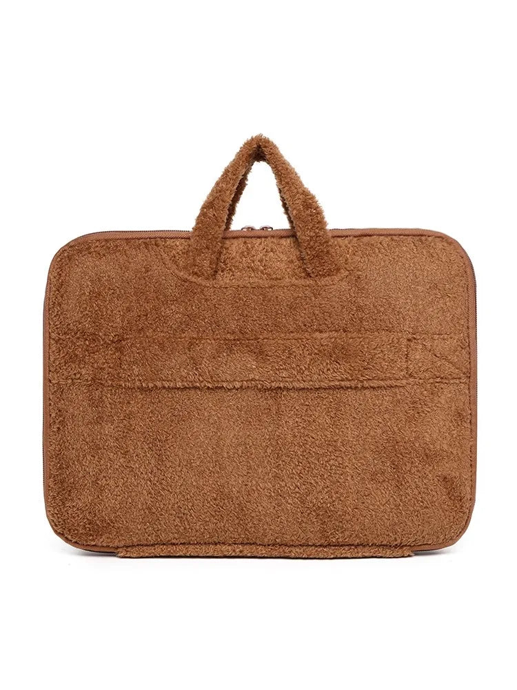 Pochette ordinateur femme bouclette marron à frimousse de monstre