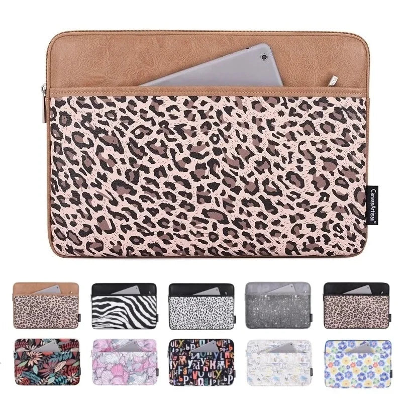 Pochette ordinateur imprimée à poche avant, léopard, marbre ou fleurs