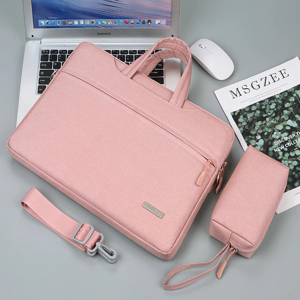 Pochette ordinateur à poignées et bandoulière, toile effet jean