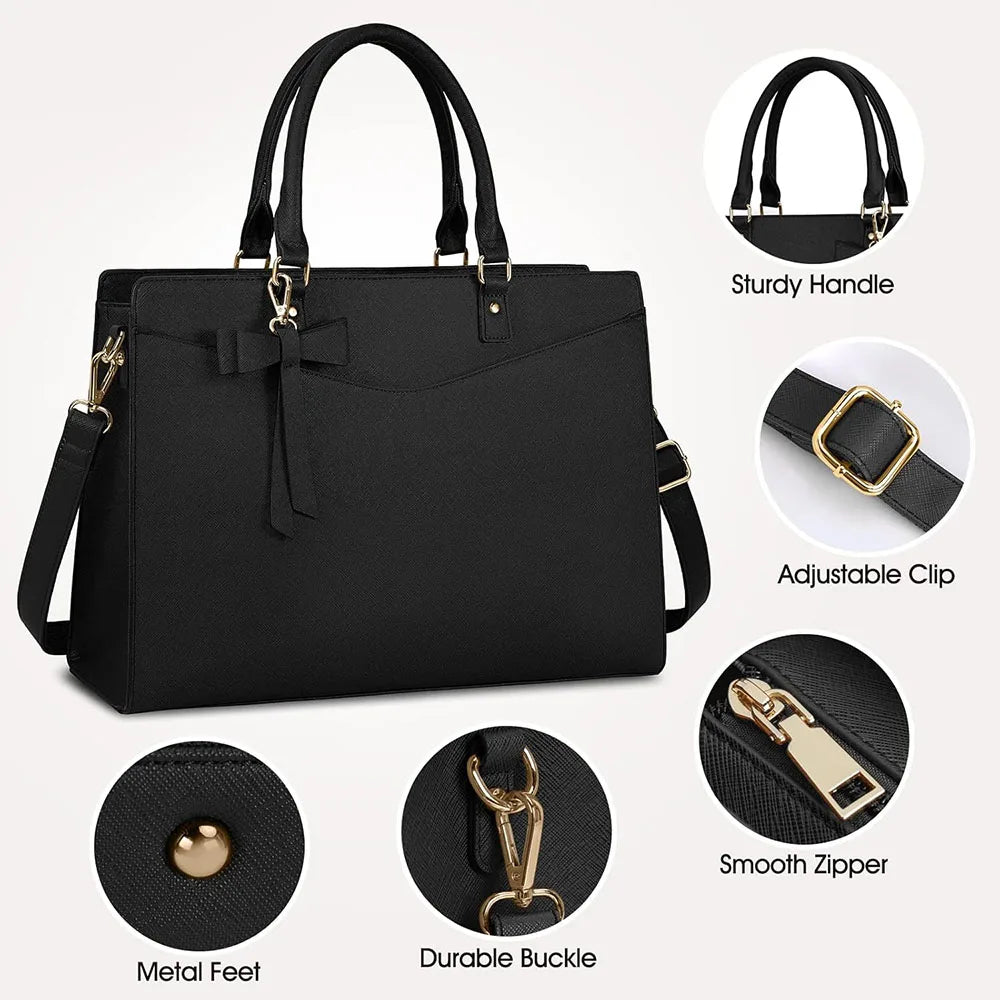 Sac ordinateur femme 15,6 pouces en simili cuir, nœud amovible