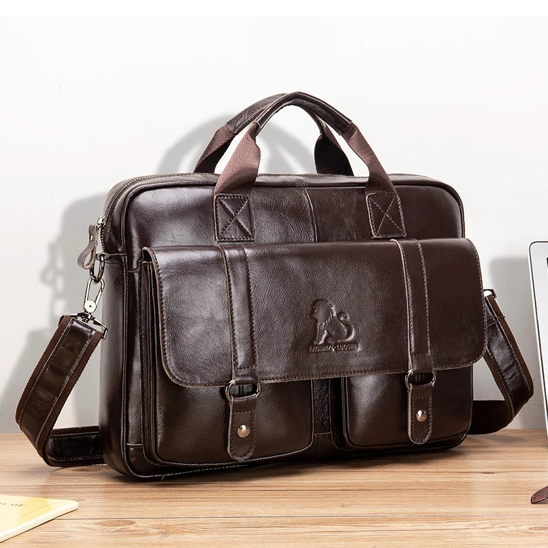 Sacoche ordinateur homme en cuir, passant trolley et bandoulière