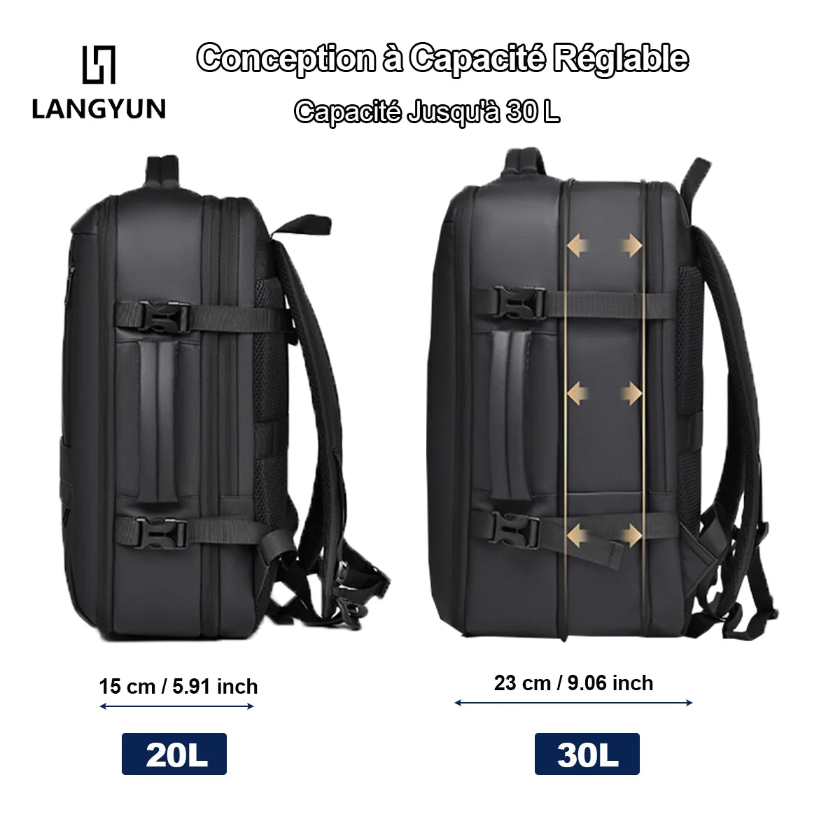 Sac à dos ordinateur 17 pouces extensible de 20 à 30 L, sangle valise