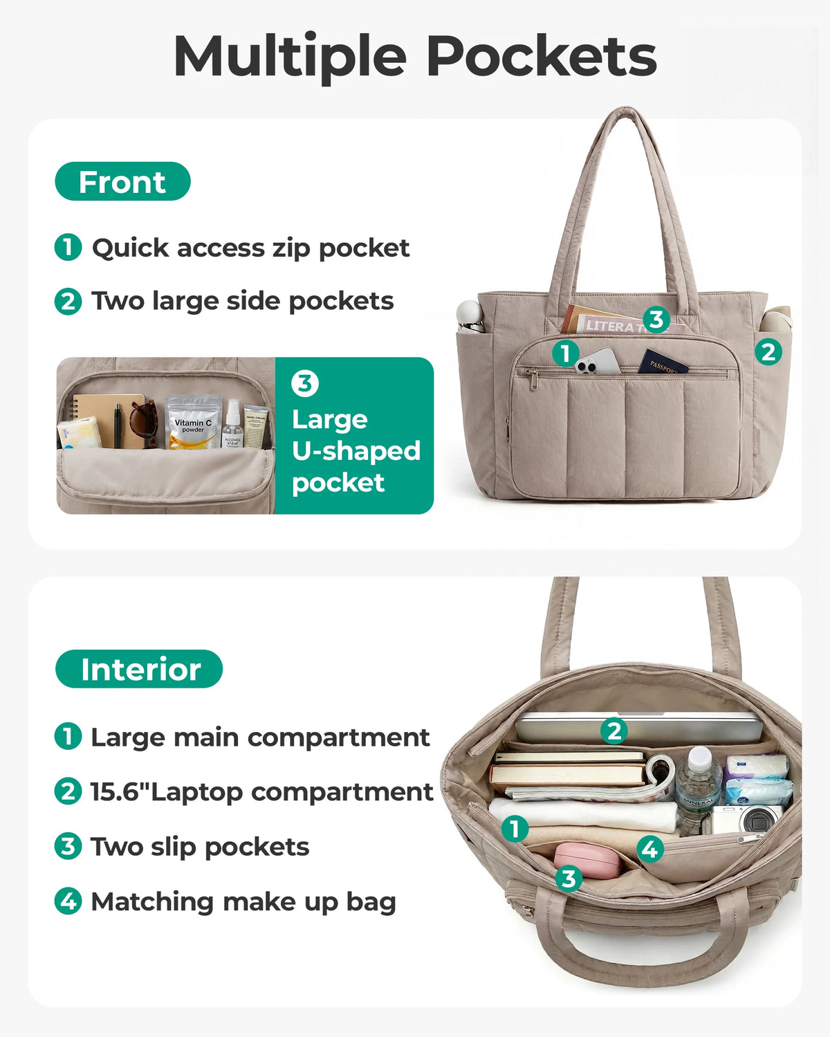 Sac ordinateur femme en polyester matelassé, trousse assortie, 20 L
