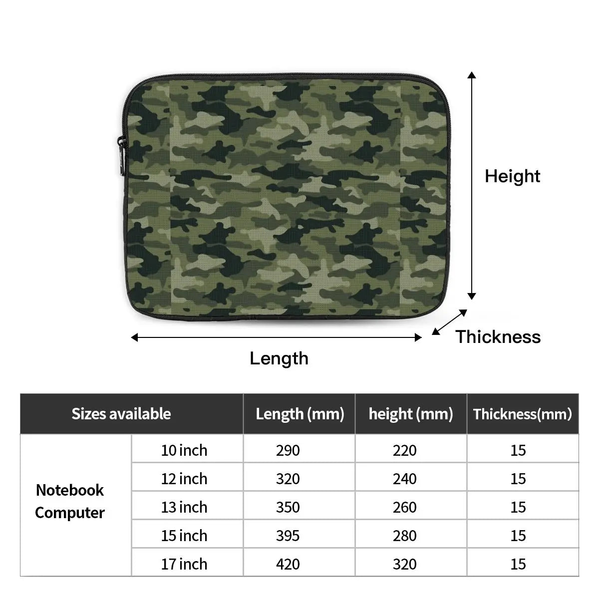 Housse ordinateur camouflage vert, mousse et doublure douce