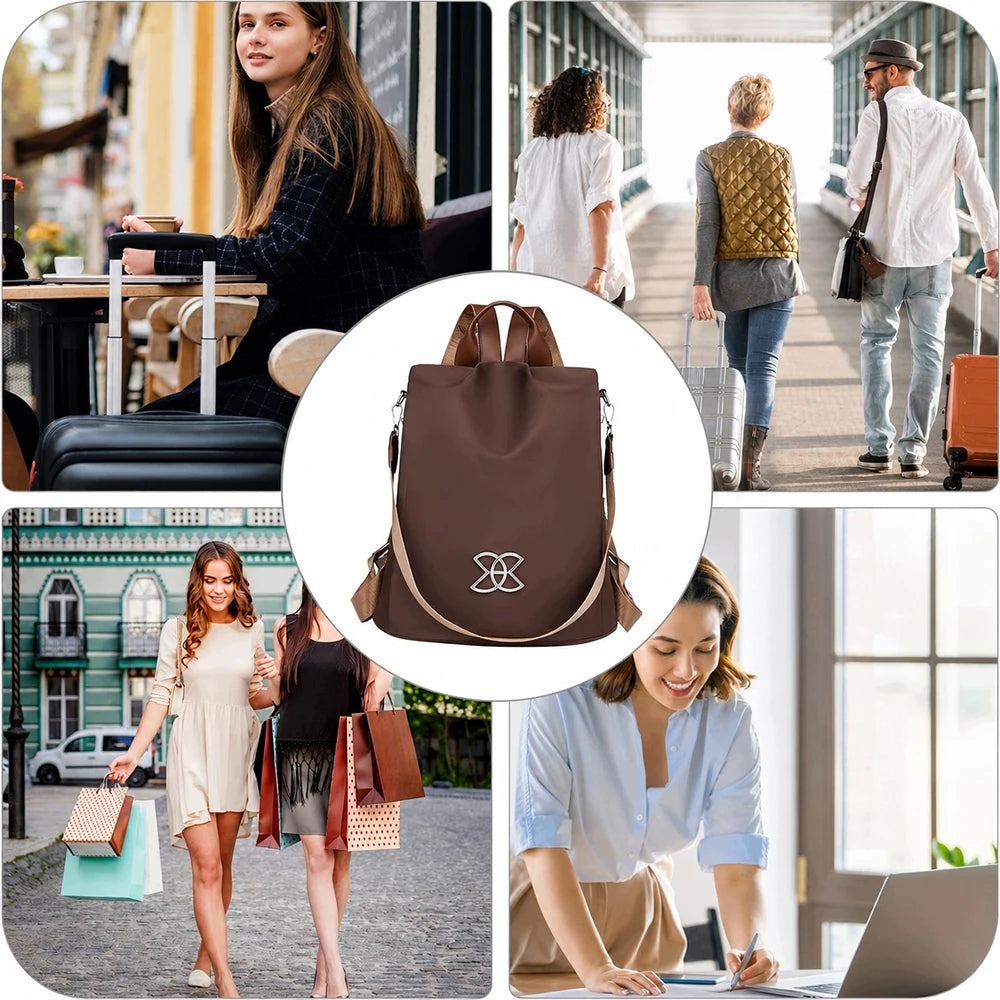 Sac à dos ordinateur femme antivol en oxford marron, convertible