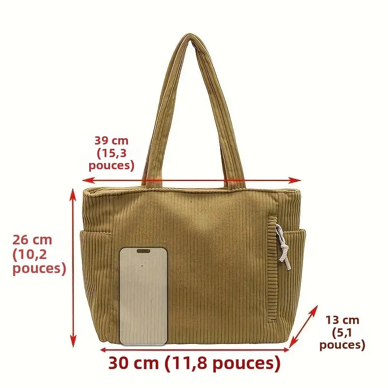 Sac ordinateur cabas en velours côtelé, zippé à poches latérales
