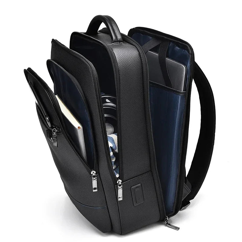 Sac à dos ordinateur homme en simili cuir grainé, trois soufflets