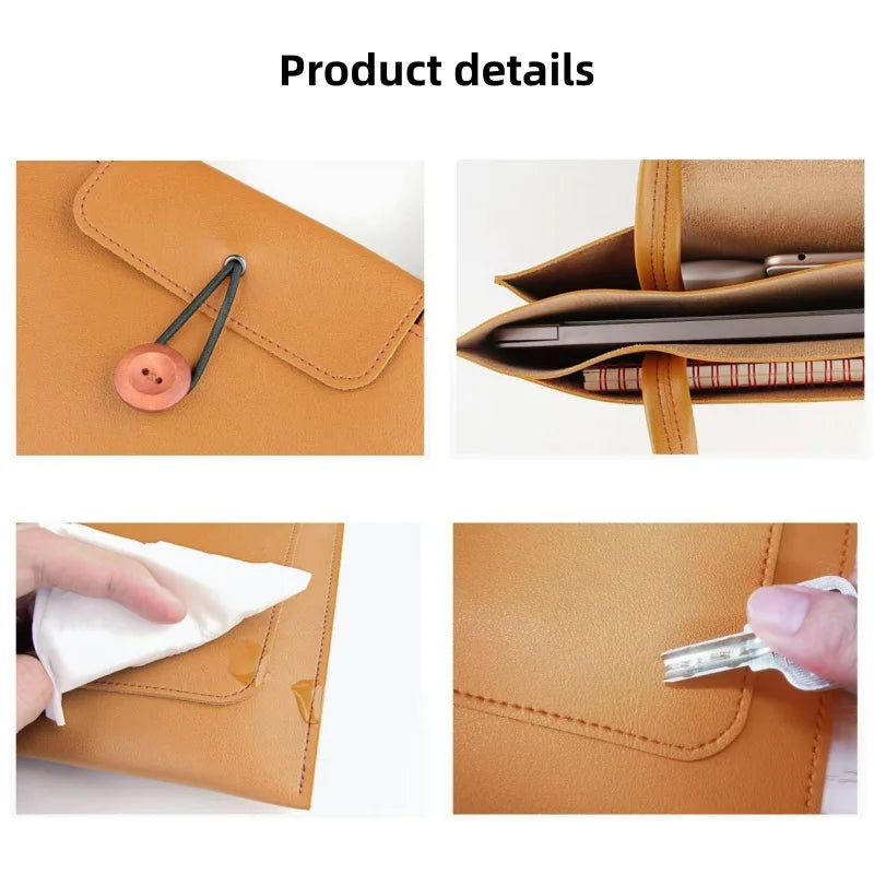 Pochette ordinateur simili cuir à bouton bois, 13,3 à 16 pouces