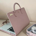 Pochette ordinateur femme rose à poignées, simili cuir perforé