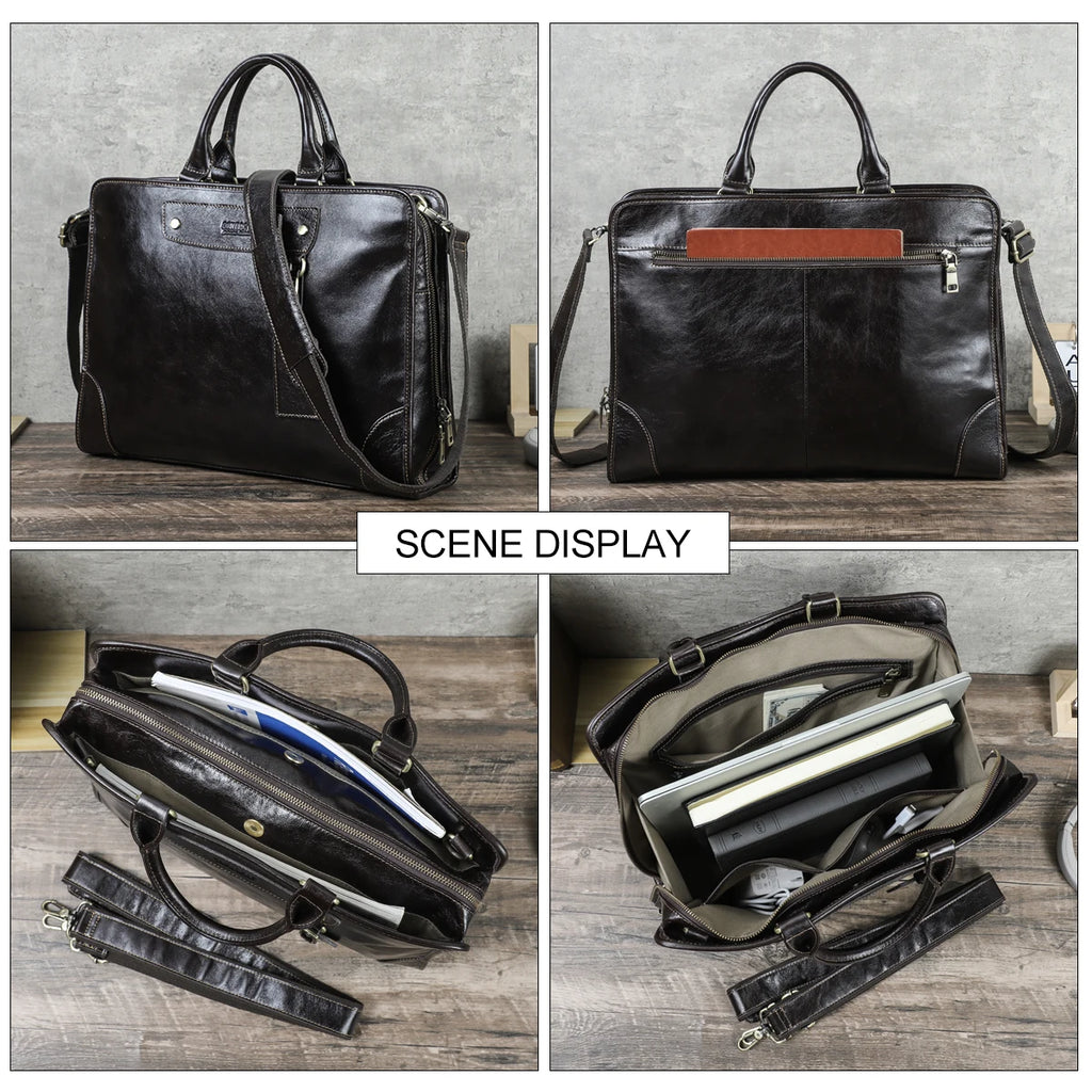 Sacoche ordinateur cuir homme 14 pouces, fini huilé brillant
