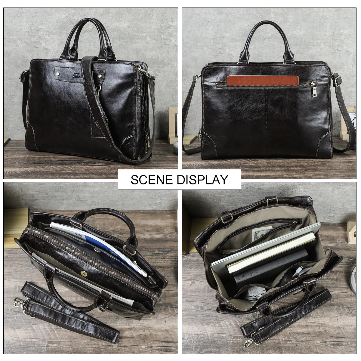 Sacoche ordinateur cuir homme 14 pouces, fini huilé brillant