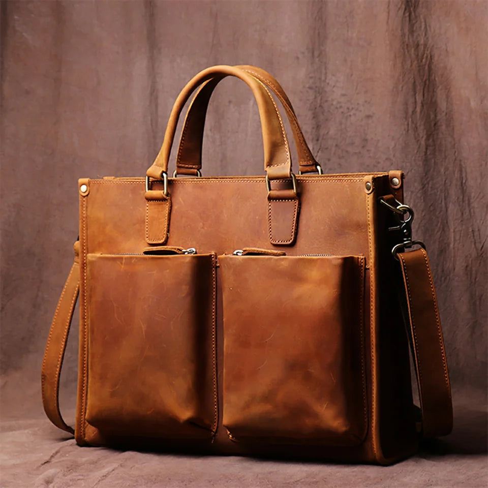 Sacoche ordinateur cuir homme 15,4 pouces, deux poches avant zippées