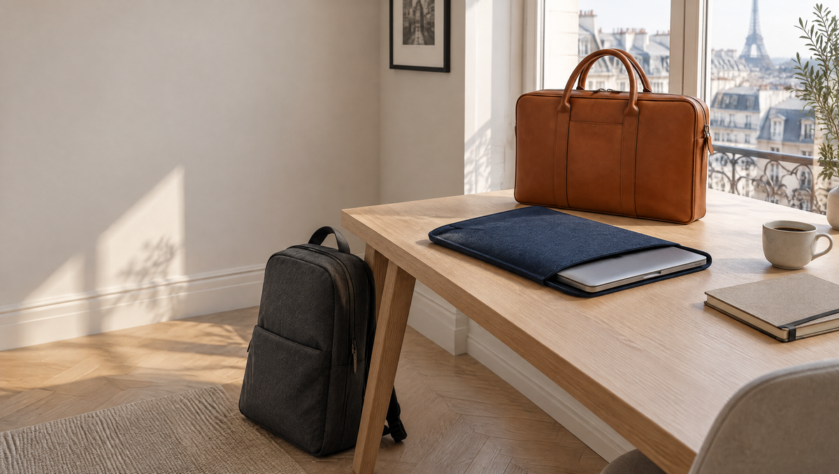 Sac à dos, sacoche en cuir et housse d'ordinateur sur un bureau en chêne
